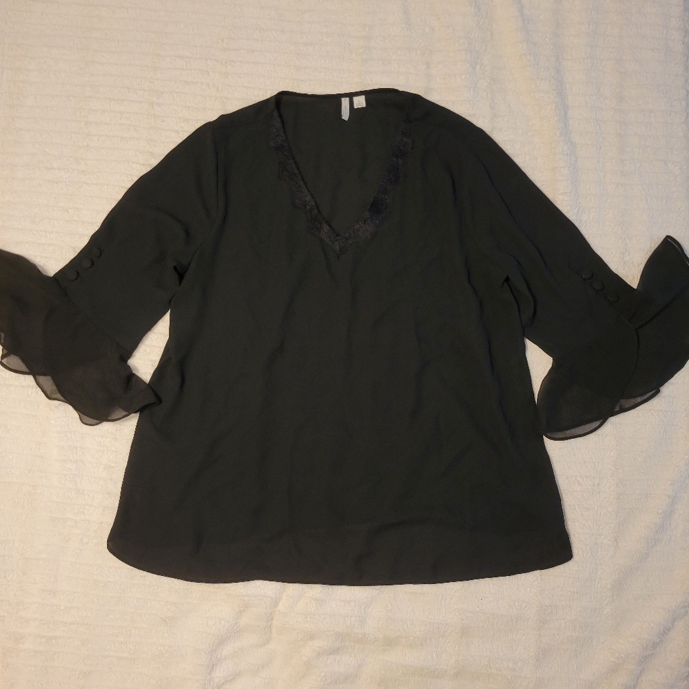 EST 1946 Flowy Sleeve Black Blouse Sheer With Button Details And Lace V Neckline